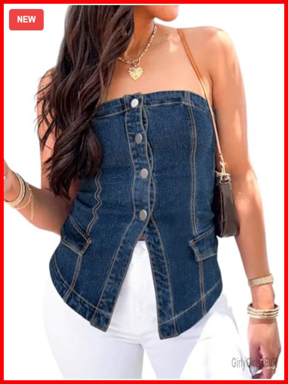 Strapless Denim Vest Sleeveless Button Down Tube Top Y2K Fitted Bandeau